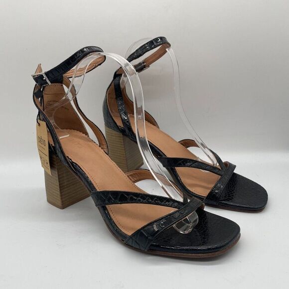 Crevo Kaitlin Black Croc Leather Block Heel Sandals Open Toe Sz 9.5 Memory Foam - Picture 1 of 14